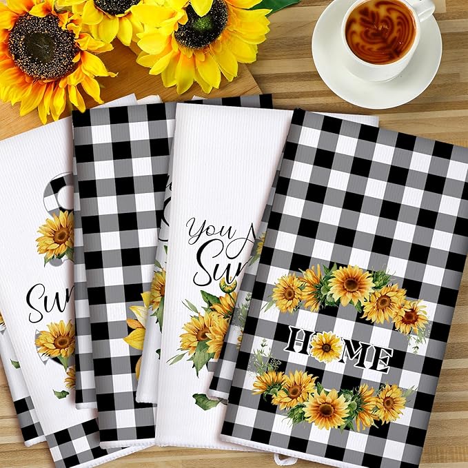 Bencailor 4 Pcs Sunflower Kitchen Towels Flower Hand Dish Towels Black and
