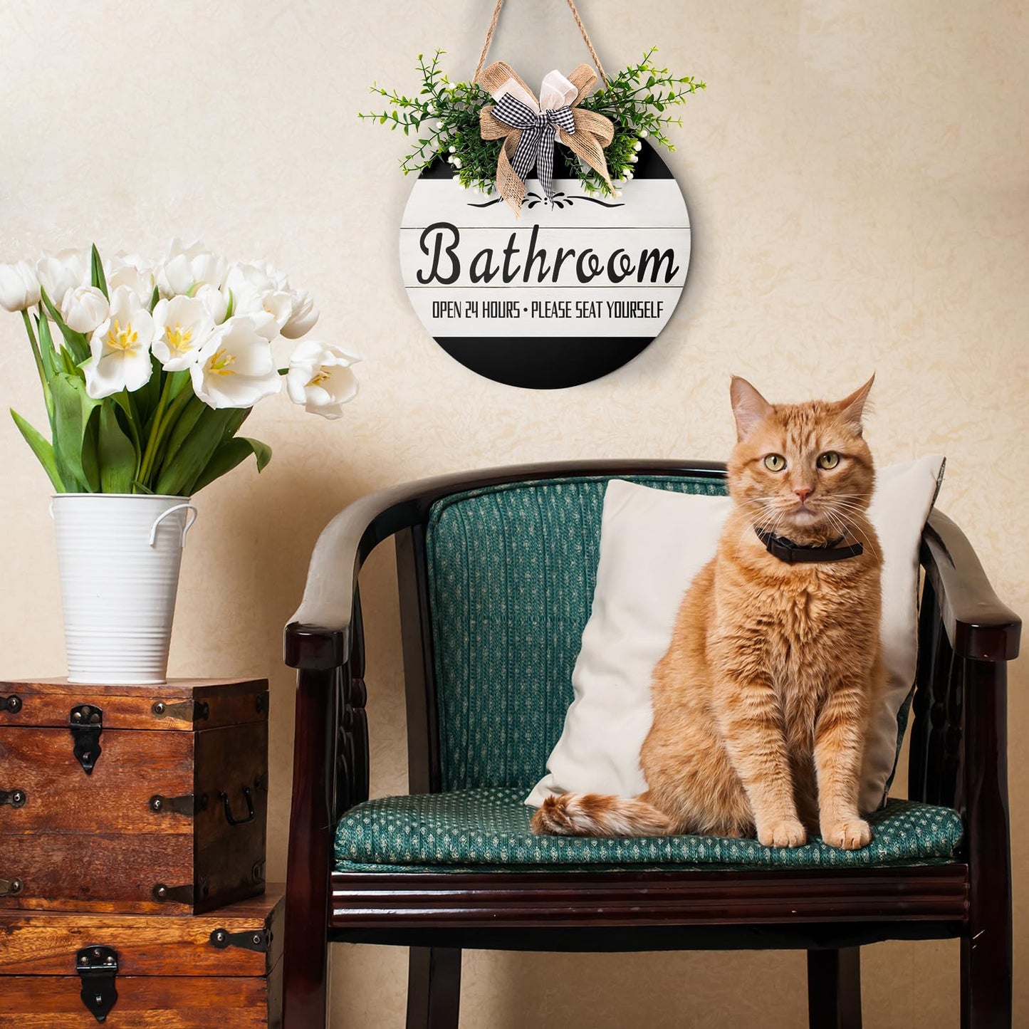Bathroom Front Door Sign Funny Wreaths Hanging Wooden Plaque Decoration Round Rustic Farmhouse Wall Art Decor for Home Porch Bathroom 12x12 Inch