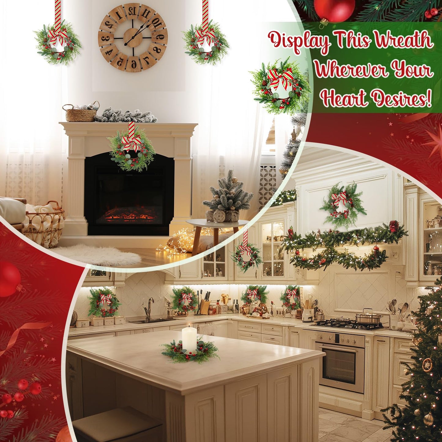 Suncalla 8 Pcs Christmas Kichen Cabinet Wreaths Bulk 7.87 Candy Cane Artificial Faux Candle Ring Wreath with Glitter Red White Green Ribbon Bow Pine Berries Christmas Decor for Xmas Home Window Door