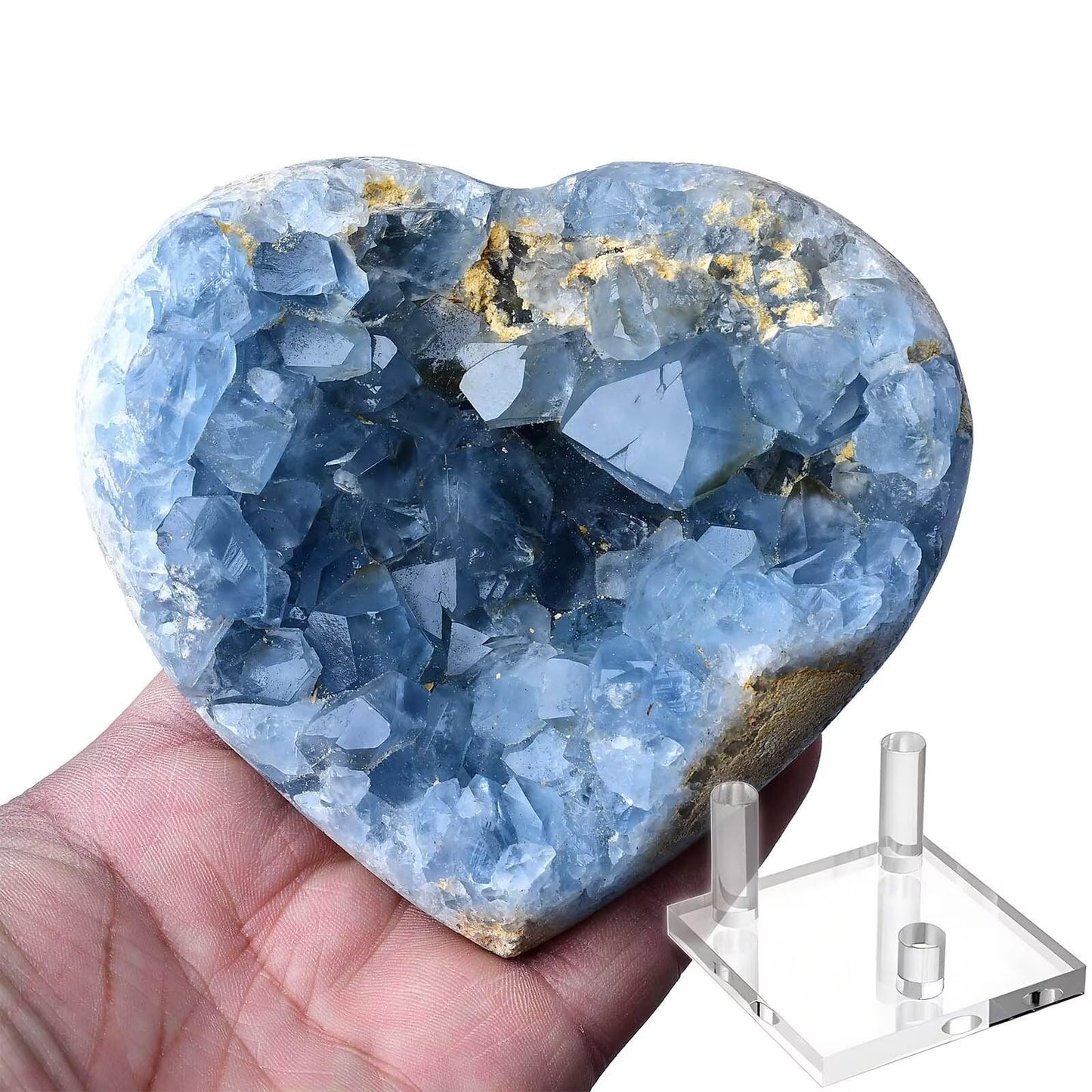 FZBHRO Extra Large Blue Celestite Geode Heart Healing Crystal Stone Collection Mineral Specimen with Stand Home Office Decor 2.2-2.6 Pound