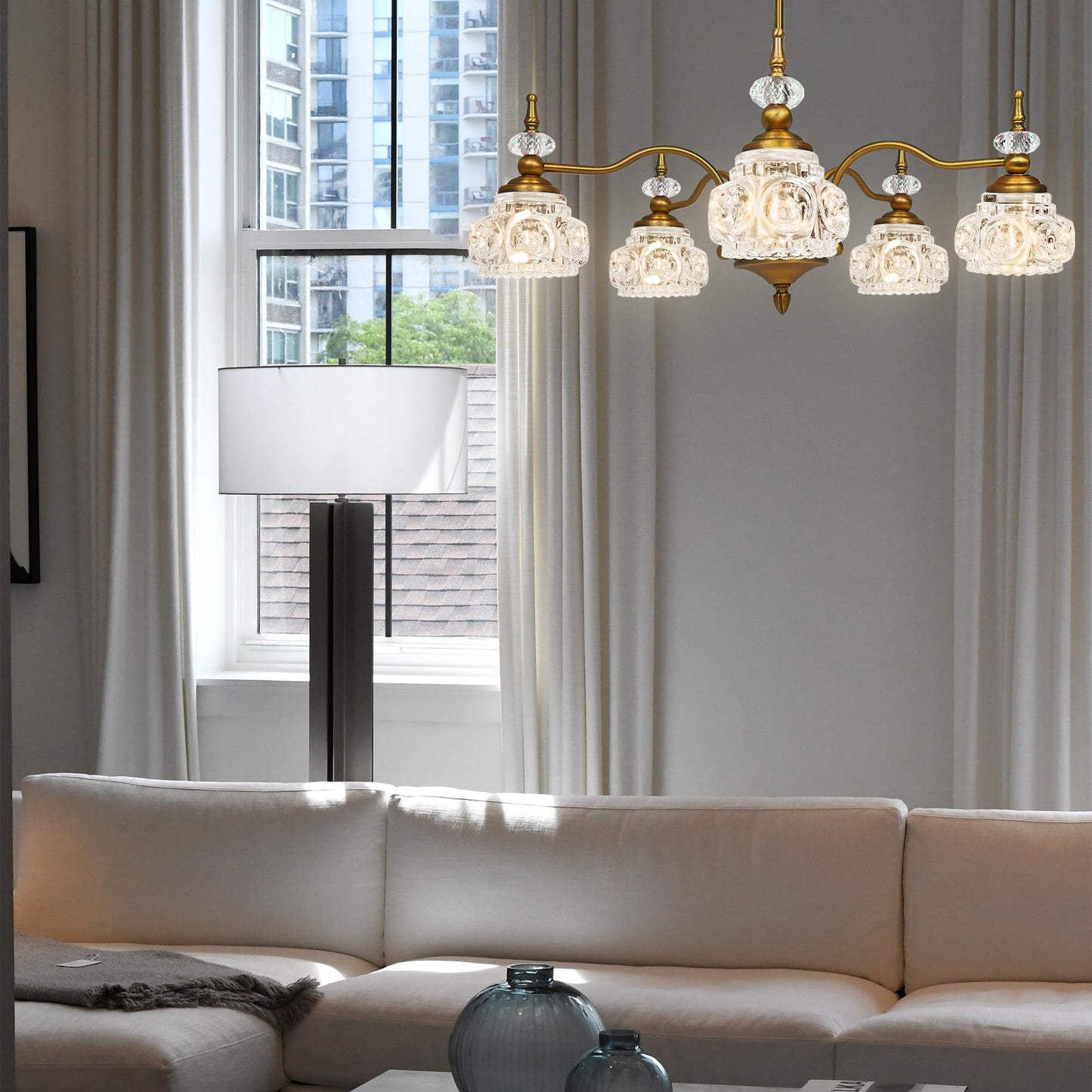 Montex Brass Pendant Light Fixture, Gold Vintage Chandelier Light Fixture 5 Lights, Include 6 Light Bulbs Glass Pendant Light Crystal Hanging Light