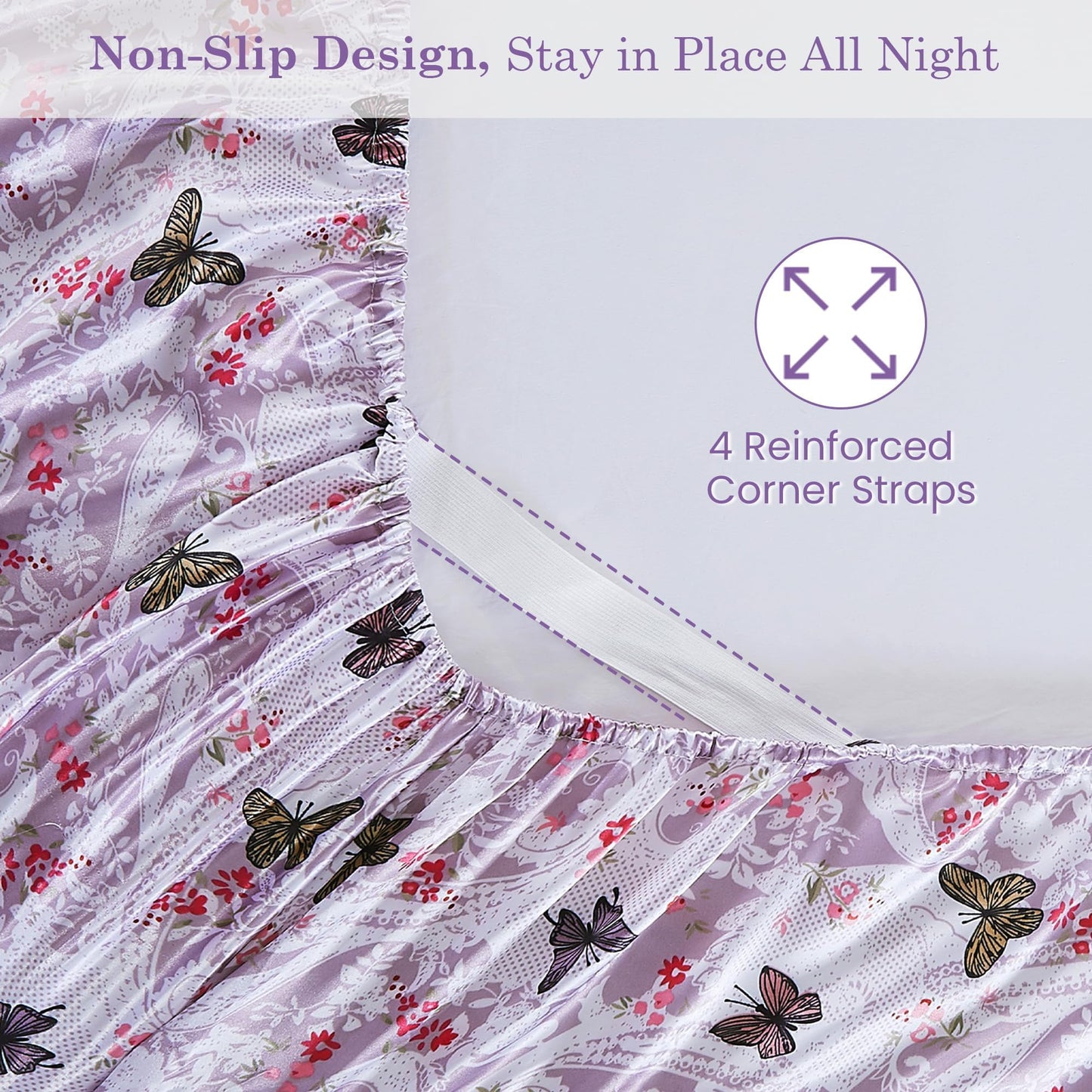 lasoftan Paisley Floral Satin Sheets King, Silky Butterfly Printed Fitted Bed Sheet with 15" Deep Pocket & Non-Slip Straps, Luxury Hotel Satin Summer Cooling Sheets & Pillowcase Set, Purple
