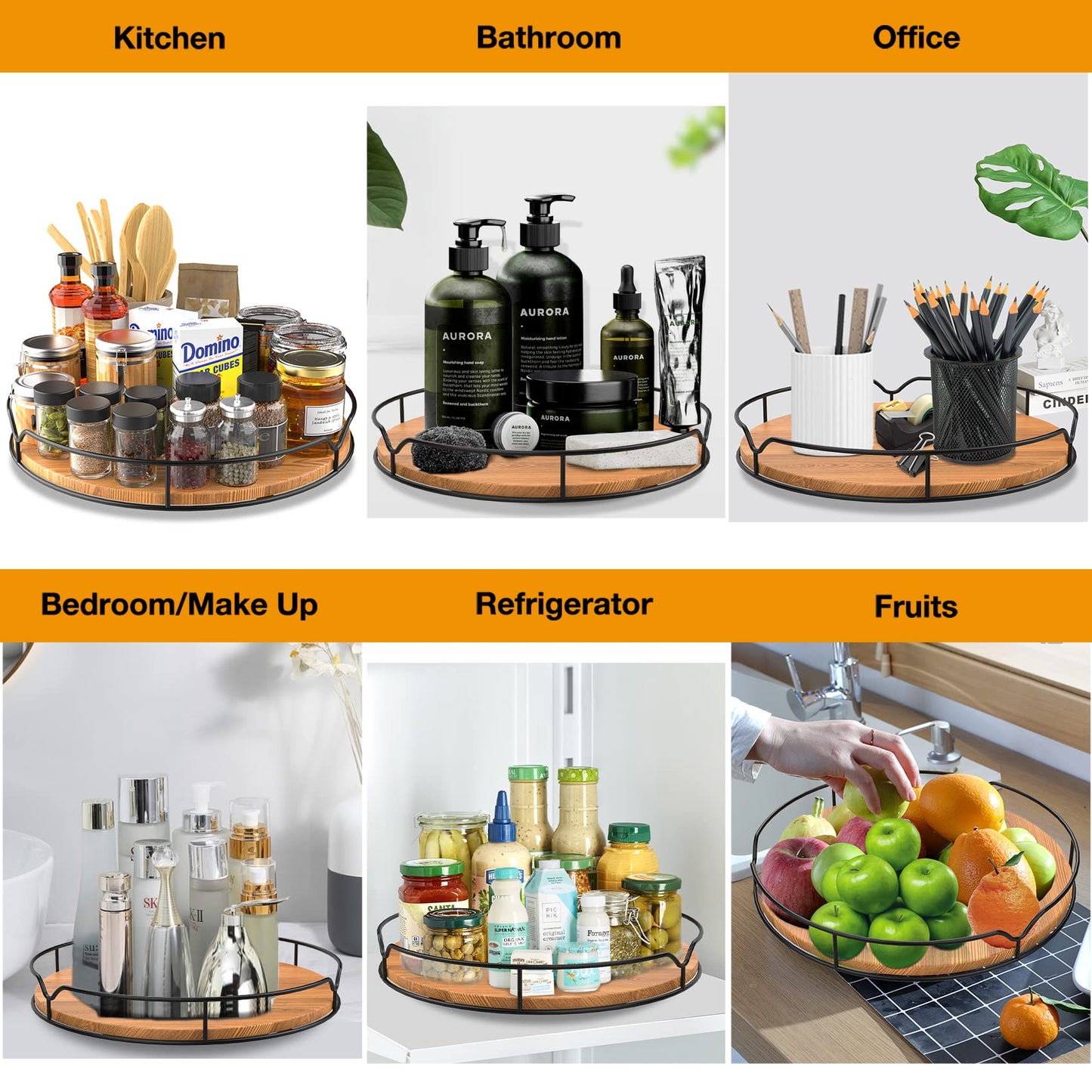 Lazy Susan Turntable Organizer for Cabinet Pantry Kitchen Countertop Refrigerator Cupboard, Pine Wood (Carbonized Black, 12“)