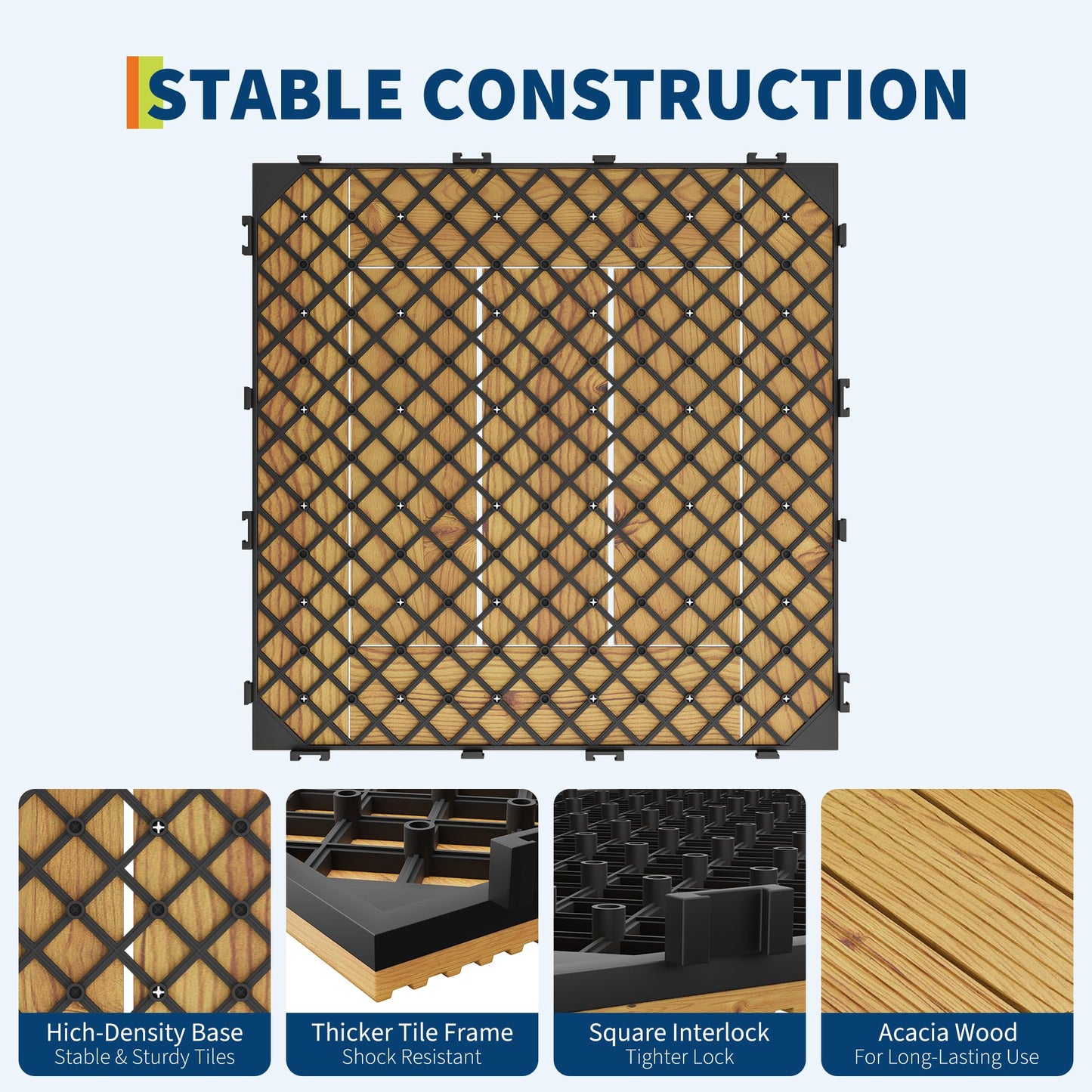 33 Pack Acacia Wood Deck Tiles, 12"X12" Interlocking Patio Flooring (32 Sq ft Total) for Outdoor & Indoor Use - Non-Slip Water Resistant Balcony, Pool Deck Tiles, Easy Snap Together,Yellow