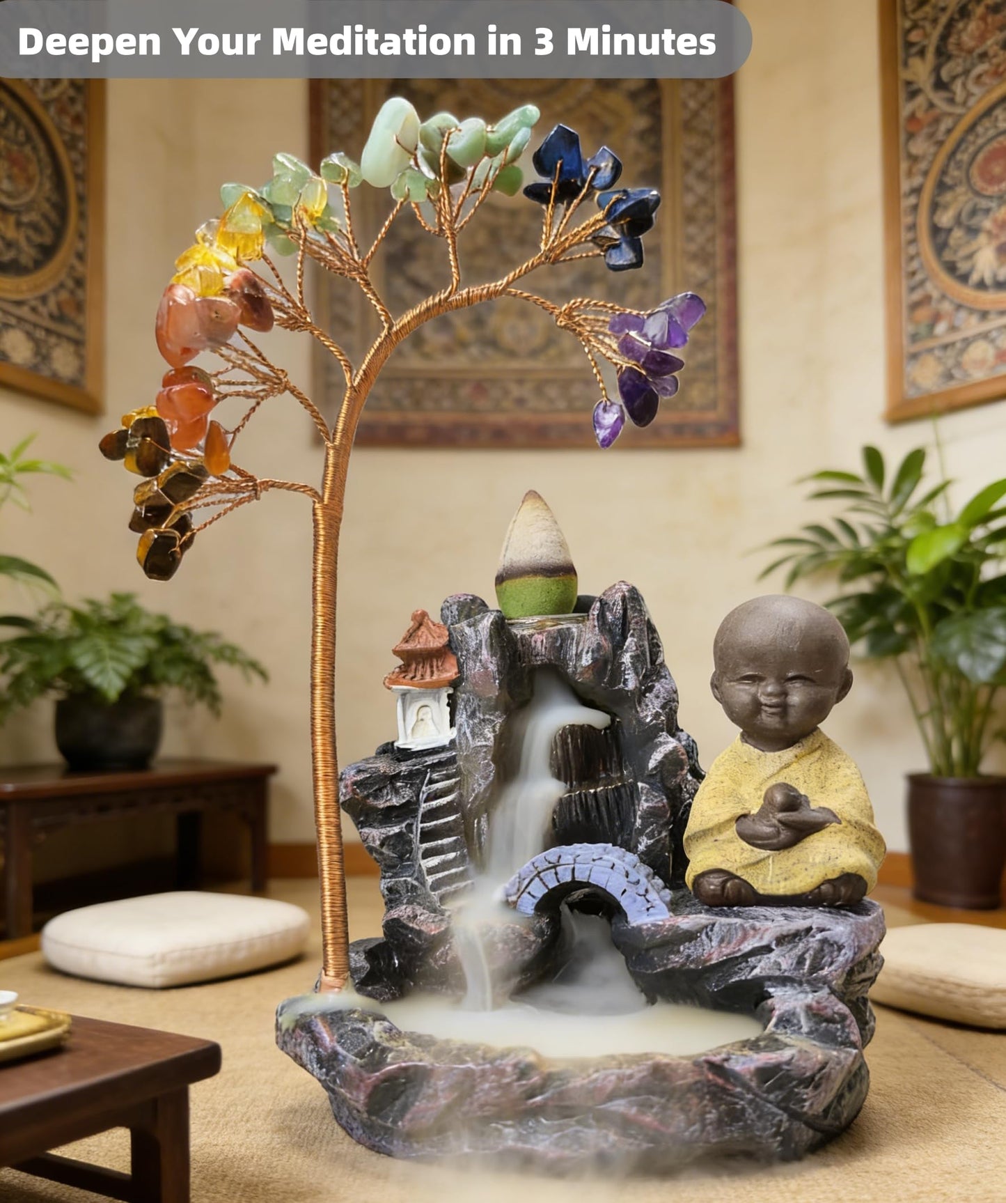 Buddha Incense Holder, Chakra Waterfall, Zen Incense Burner Backflow - 7.4" Gemstone Tree Waterfall, Desk Zen Fountain, Home Office Feng Shui Gift, Mother's Day, Birthday Gift