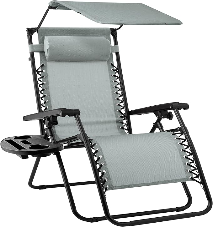 Best Choice Products Folding Zero Gravity Outdoor Recliner Patio Lounge Chair w/Adjustable Canopy Shade, Headrest, Side Accessory Tray, Textilene Mesh - Stardew