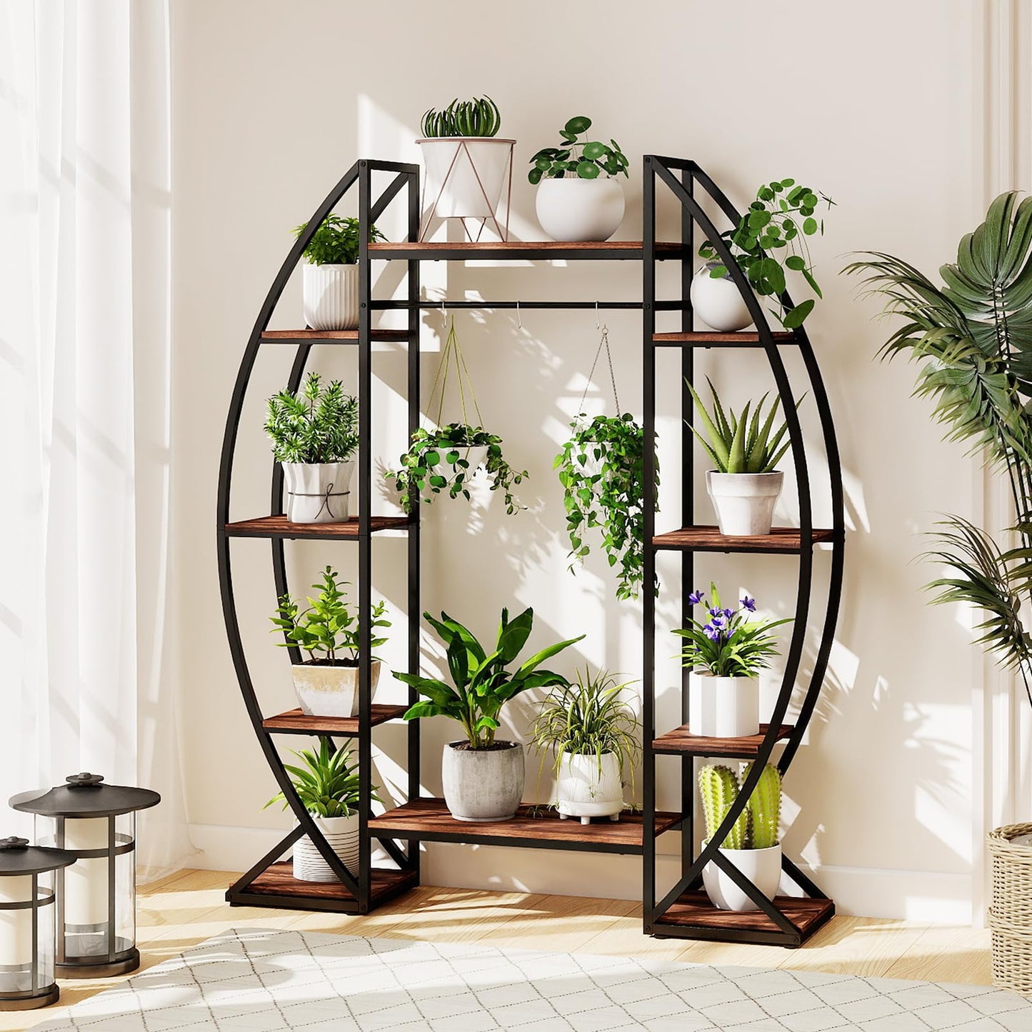 Giantex Plant Stand Indoor with Grow Lights, 10-Tier 63" Tall Metal Plant Shelf for Multiple Plants, Decorative Curved Large Flower Stand Display Pot Rack for Living Room, Home, Balcony, Patio