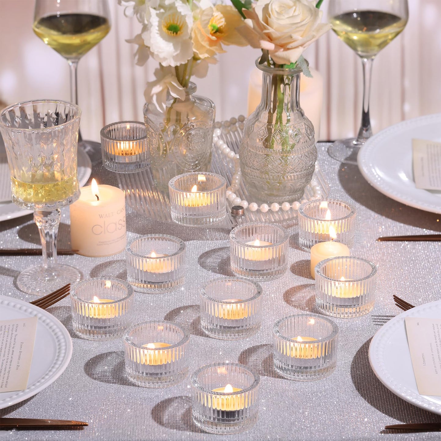 NITIME 30Pcs Clear Tealight Candle Holder with 32pcs Tea Light Candles, Ribbed Votive Candle Holders Glass for Table Centerpiece, Wedding Decor, Home and Holiday Decor