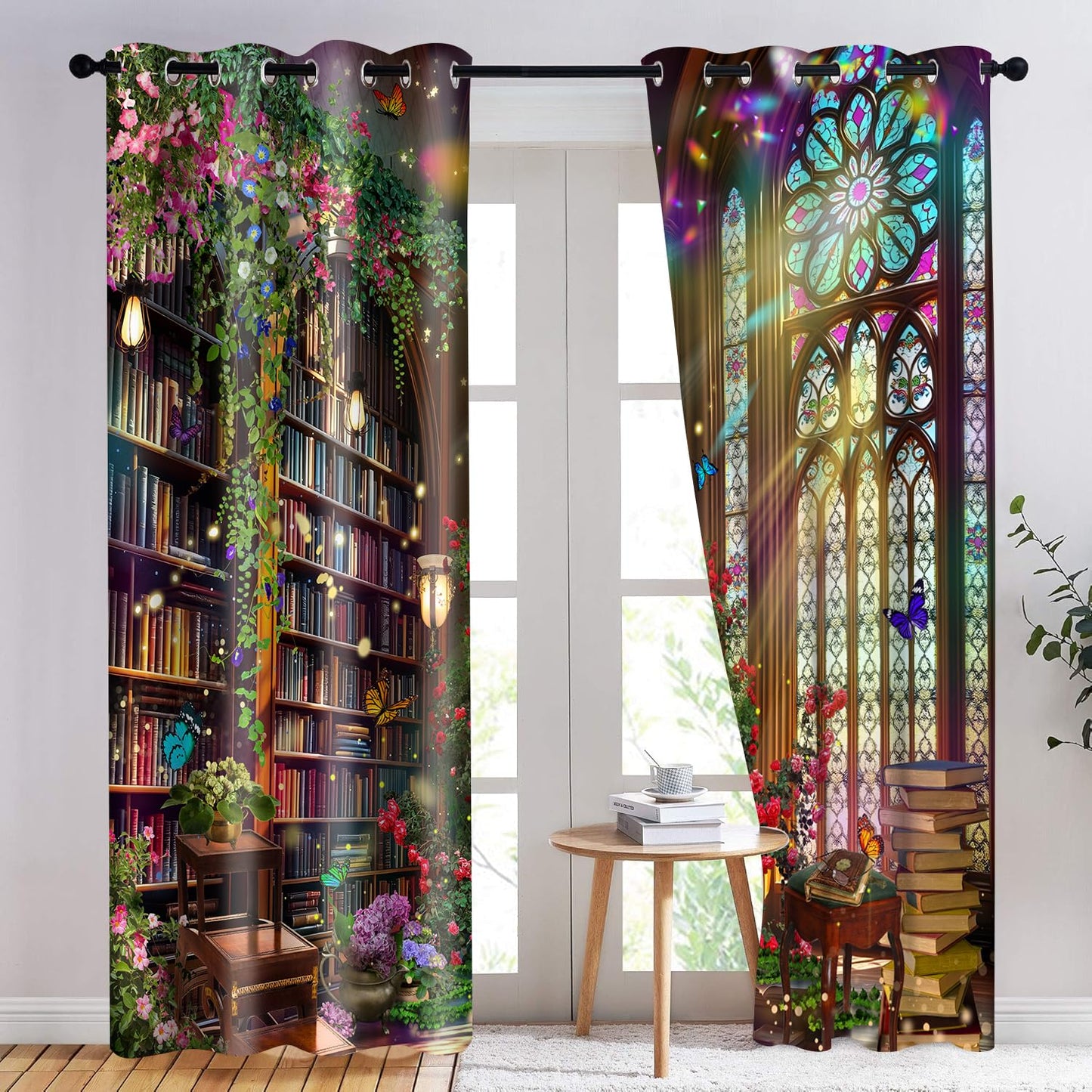 HIYSMT Fantasy Library Blackout Curtains,Stained Glass Medieval Curtain,4284inch Fairy Tale Magic Book Bookshelf Butterfly Print Drapes for Bedroom Living Room 2Panel HI09YL