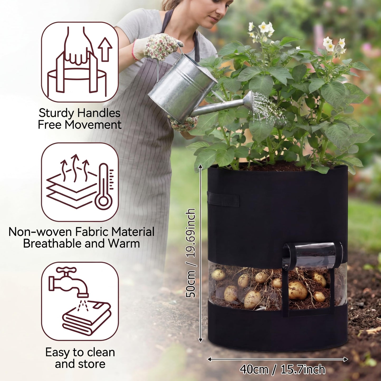Baderke 4 Pack Visible Potato Grow Bags with Harvest Window, 360 Visibility Plant Grow Bags with Handles for Planting Potatoes, Tomatoes and Vegetables (20 Gallon,Black)