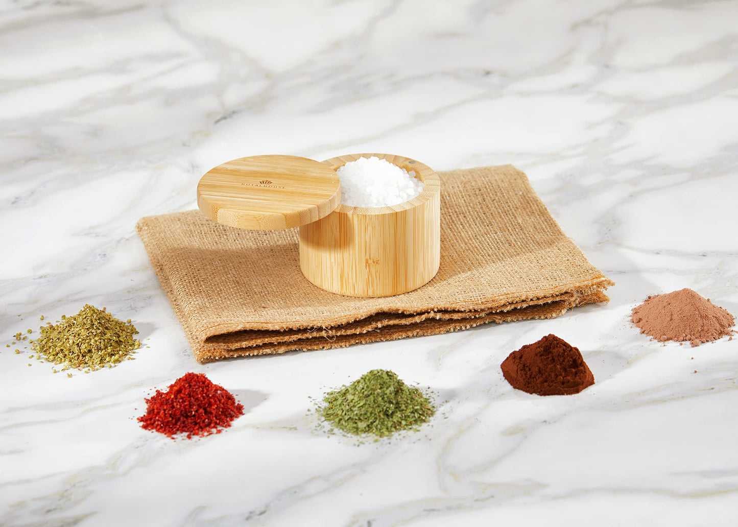 RoyalHouse 6 Oz Capacity Natural Bamboo Salt and Pepper Holder With Bamboo Lid, Salt Cellar With Magnetic Swivel Lid, Healthy Storage Box For Herbs Or Favorite Seasonings