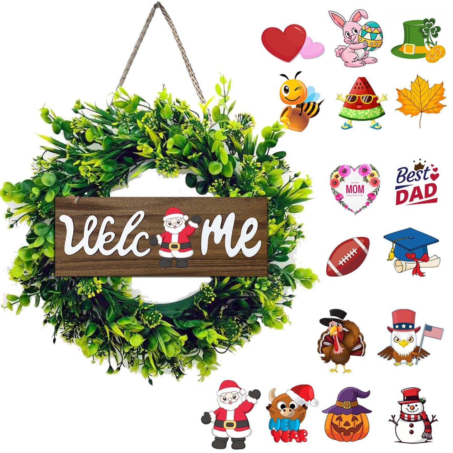 Artificial Boxwood Wreaths for Front Door, 16" Spring Summer Green Door Wreath with Welcome Sign for Holidays Wall Window Porch Farmhouse Decor Housewarming Gift