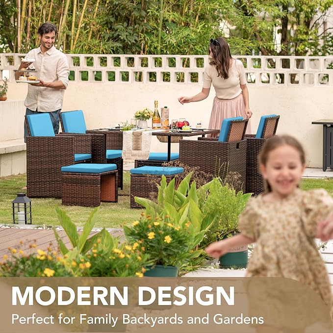 Devoko 9 Pieces Patio Dining Sets Outdoor Space Saving Rattan Chairs