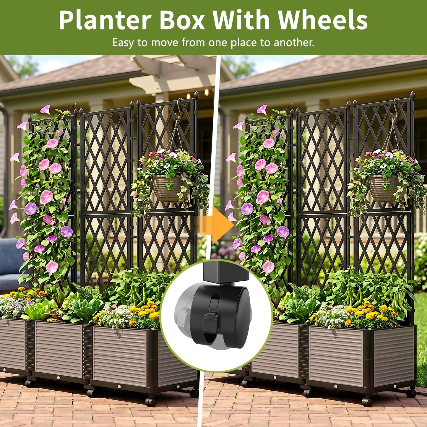 UrGROWA Raised Garden Bed Planter Box with Trellis, 63''H Tomato Planters for Climbing Plants Vegetable Vine Flowers Outdoor Patio Tomato Cage, Self Watering Planter with Wheels