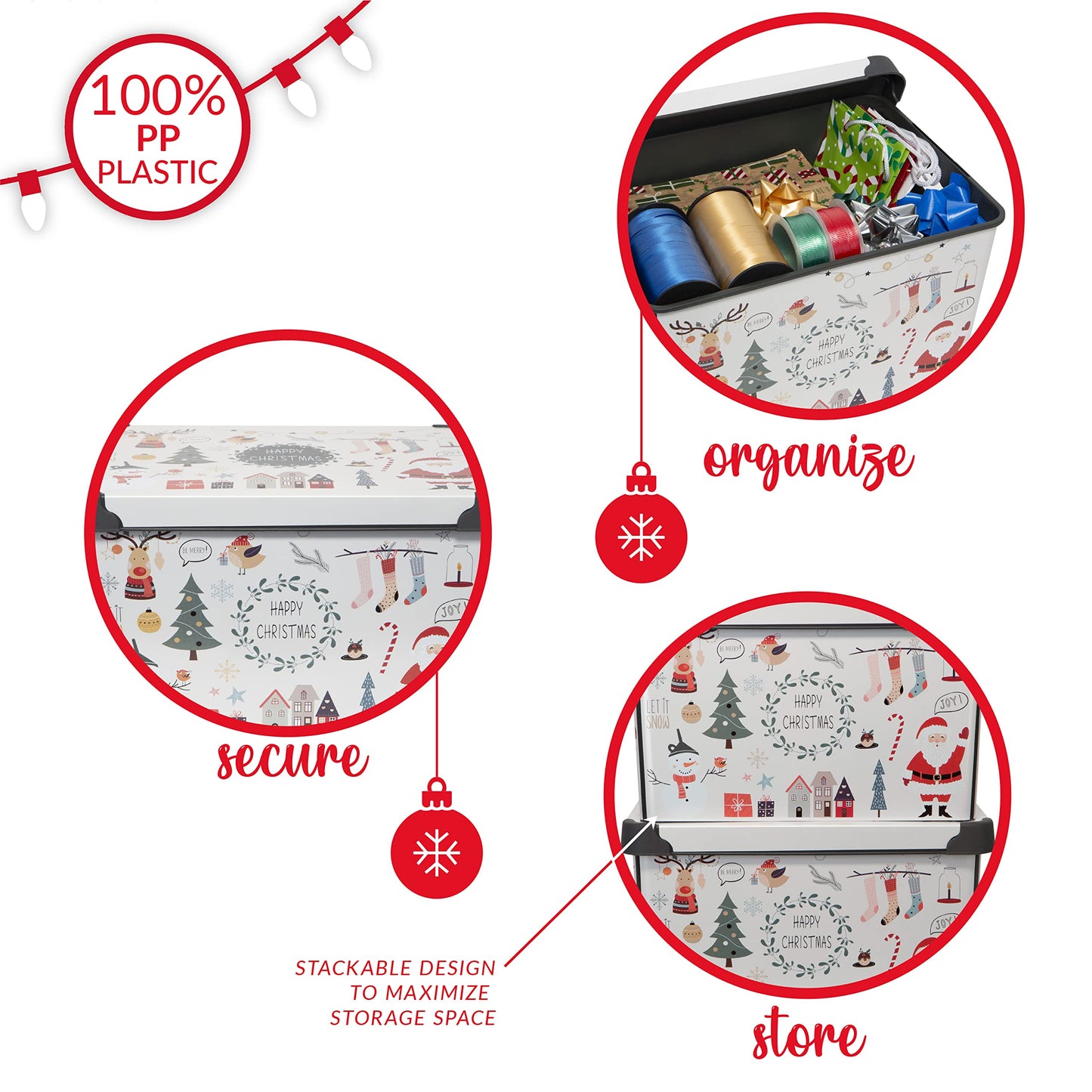 Simplify “Happy Christmas” Design Storage Bin | Christmas Tote | Holiday Décor Decorations Organizer | Lidded | Stackable | White