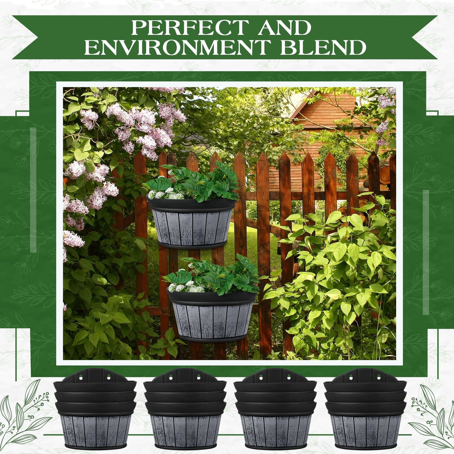 Romooa 12 Pcs Wall Hanging Planters Outdoor Wine Barrel Planter Distressed Oak Thickened Plastic Water Storage Flower Pots for Plants Flower Indoor Outdoor Railing Fence (Black,10 Inch)