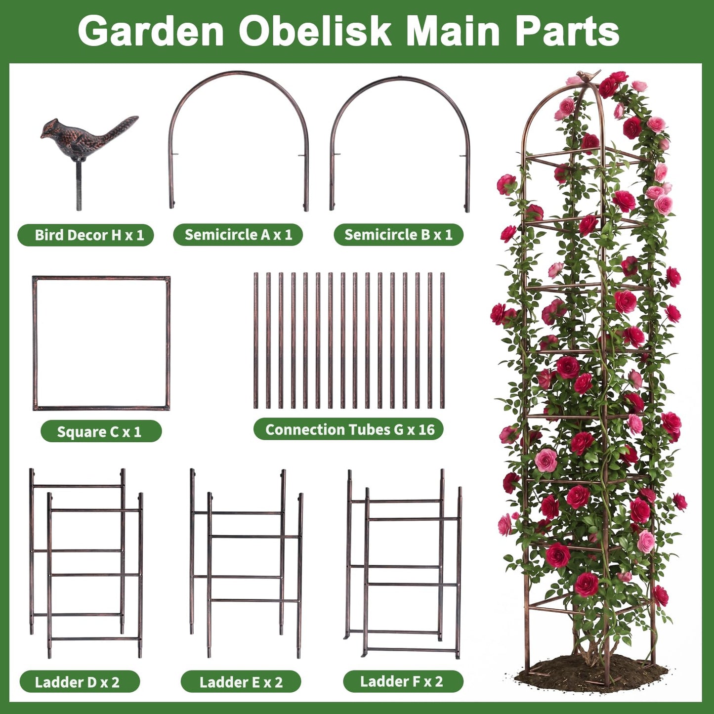 Heavy Duty 8.4 FT Garden Obelisk Trellis for Climbing Plants Outdoor, Rust-Resistant Large Metal Plant Support Tower with Bird Topper & Ground Stakes, Yard Art Decor for Roses Clematis Vines (Bronze)