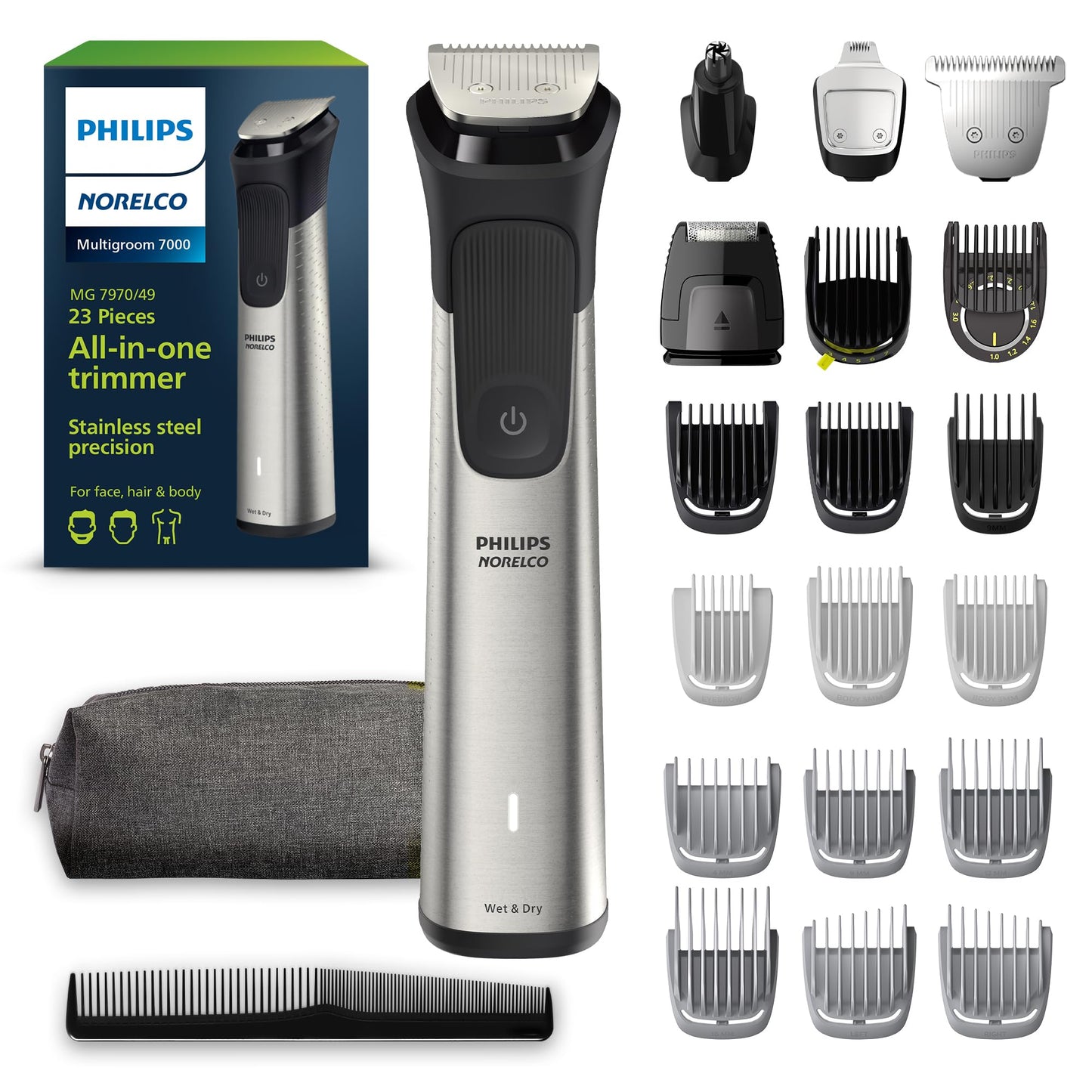 Philips Norelco Multigroom 7000 Series, All-in-One Trimmer, Beard Trimmer and Hair Clipper, 23-Piece Men's Grooming Kit for Beard, Face, Nose, Ear, Body, with Titanium Blades, Travel Pouch, MG7970/49