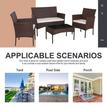 Shintenchi 4 Piece Outdoor Patio Furniture Set, Wicker Rattan Patio Conversation Set, Outdoor Chairs and Loveseat with Coffee Table for Porch, Yard & Poolside (Brown)