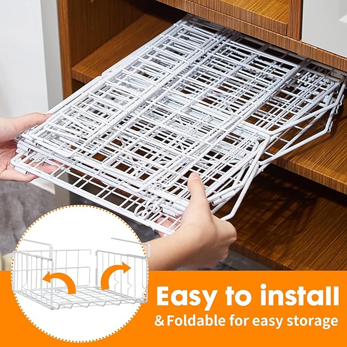 Hanging Under Shelf Storage Basket, 4 Pack Foldable Under Cabinet Metal Desk