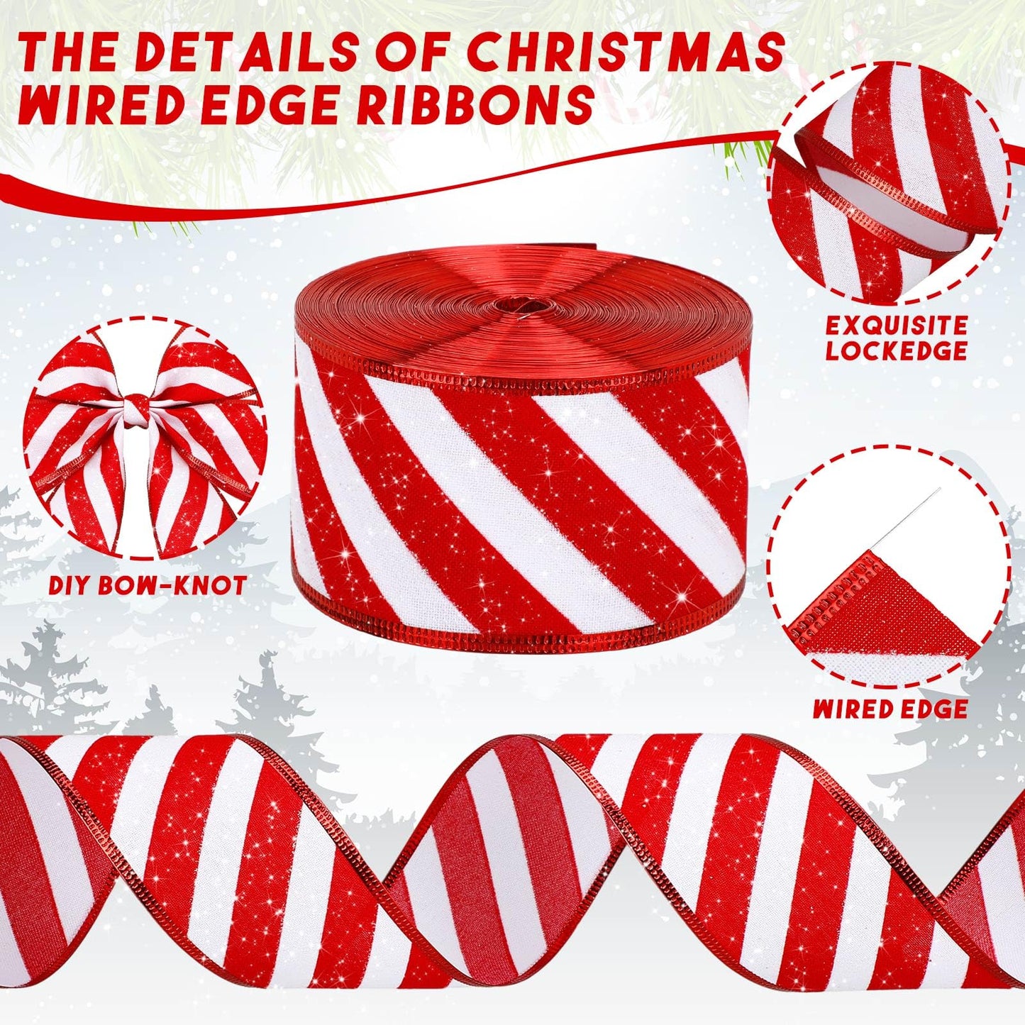 Waydress 2 Rolls Christmas Peppermint Stripe Ribbon Glitter Wired Candy Cane Fabric Wrapping DIY Craft Wide Ribbons for Christmas Tree Bow Wreath(2.5 Inch X 25 Yard)