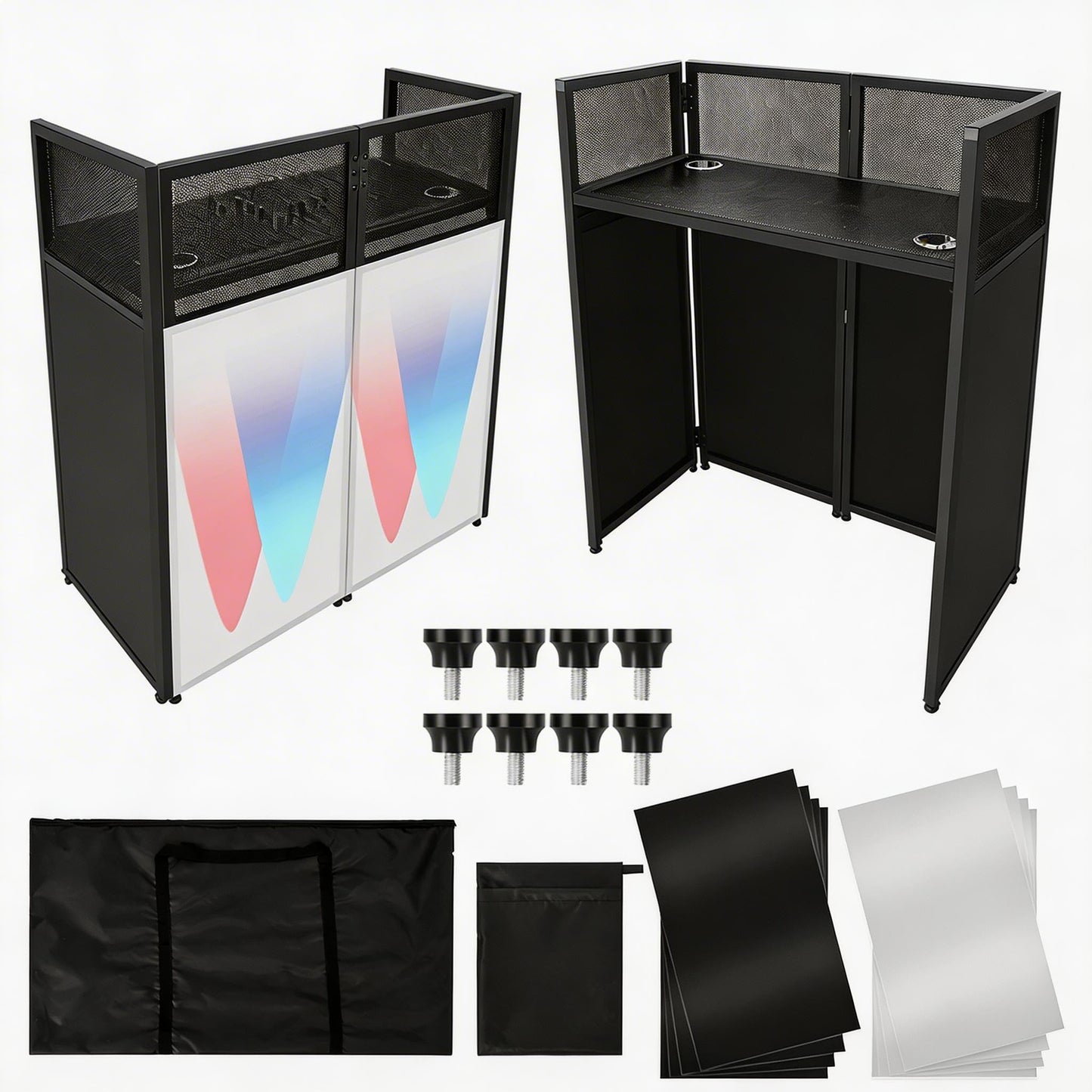 Portable DJ Facade Booth, Foldable DJ Table Station With White & Black Lighting Scrim,50"L x48" Hx 25"W DJ Stand Booth,With Adjustable DJ Event Facade Feet for Party, Black Metal Frame (52x 43.2 x 26)