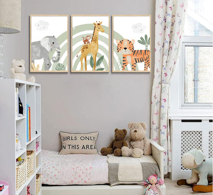 3Pcs Safari Animals Canvas Wall Art elephant tiger giraffe Posters Prints Bohemian Rainbow elements Paintings Pictures wall decor for Nursery Baby Bedroom Decorations Unframed