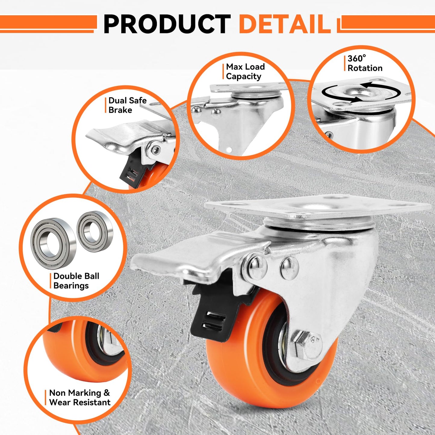 WBD 2" Plate Caster Wheels Set of 8, Heavy Duty Casters with Brake, 1200 Lbs, Safety Dual Locking, Industrial Swivel Top Plate Casters Wheels for Furniture, Carts (Screws and Screwdriver)