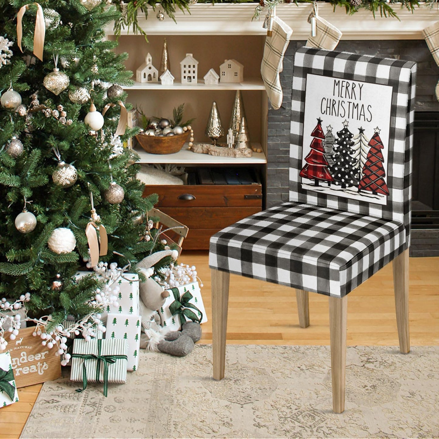 Horaldaily 4PCS Christmas Dining Chair Covers, Black Buffalo Plaid Trees Stretch Removable Washable Slipcover Chair Protector for Dining Room Home Decor