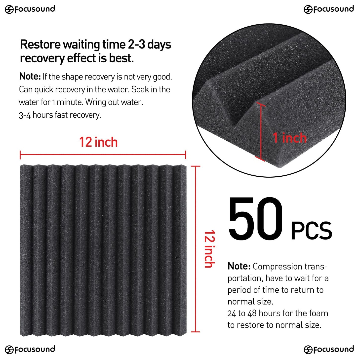 Focusound 50 Pack Acoustic Foam Panels 1" x 12" x 12" Sound Proof Foam Panles Soundproofing Noise Cancelling Wedge Panels for Home Office Recoding Studio with 300PCS Double-Side Adhesive