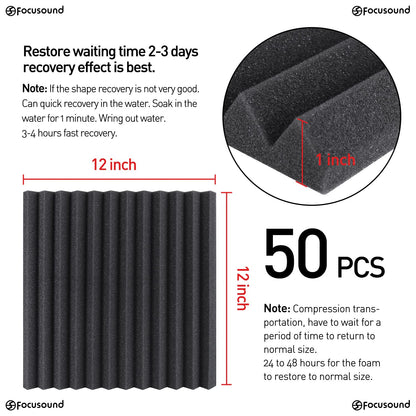 Focusound 50 Pack Acoustic Foam Panels 1" x 12" x 12" Sound Proof Foam Panles Soundproofing Noise Cancelling Wedge Panels for Home Office Recoding Studio with 300PCS Double-Side Adhesive