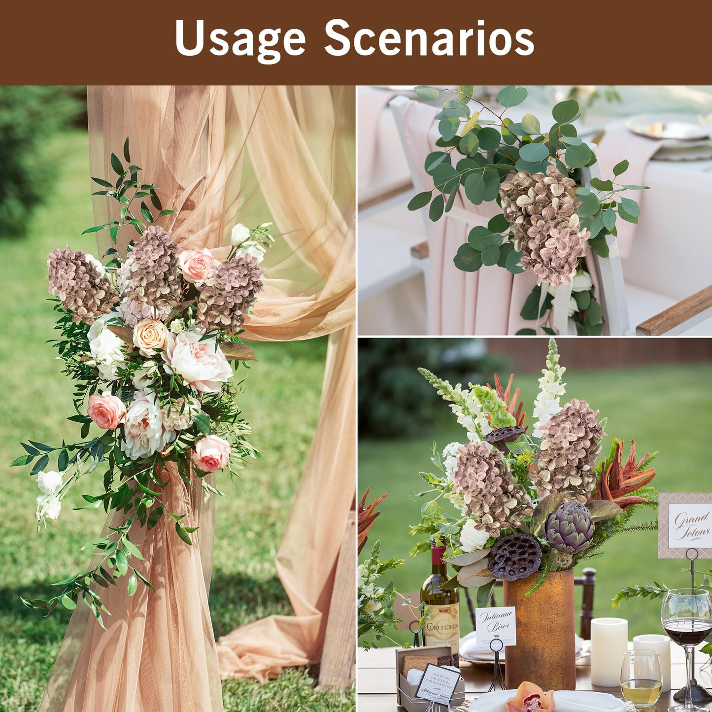 Ttranewsoo Fake Flowers Hydrangea Silk Flowers with Stems,Brown Flowers Fall Hydrangea Artificial Flowers,Winter Flowers Artificial for Decoration Vase Indoor and Outdoor 24"（Brown ） 8PCS Wthout Vase