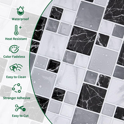 10-Sheet Peel and Stick Backsplash for Kitchen, 10” x 10” Self Adhesive Marble Gray Wall Tile Waterproof Removable Stick on Backsplash for Kitchen Bathroom Fireplace, Grey Marble