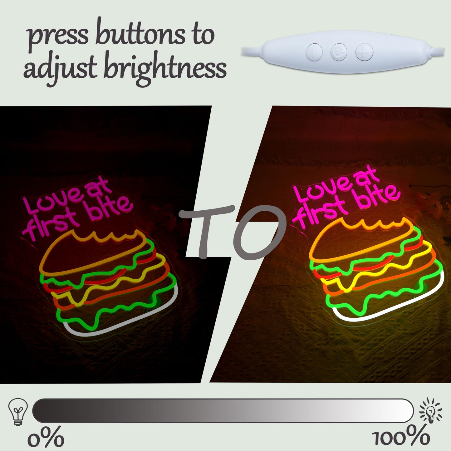 Love At First Bite Neon Sign Burger LED Neon Light Dimmable Hamburger Food Light Up Sign for Restaurant Shop Living Room Fast Food Restaurant Decoration Light Sign