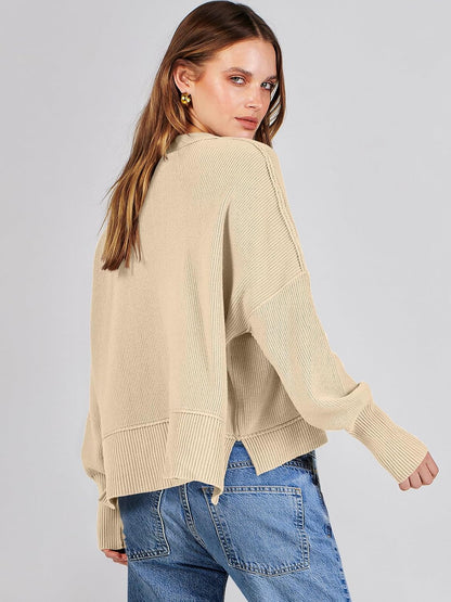 ANRABESS Womens Cropped Sweaters Oversized Crewneck Long Batwing Sleeve Side Slit Ribbed Knit Pullover Tops 2025 Fall Clothes