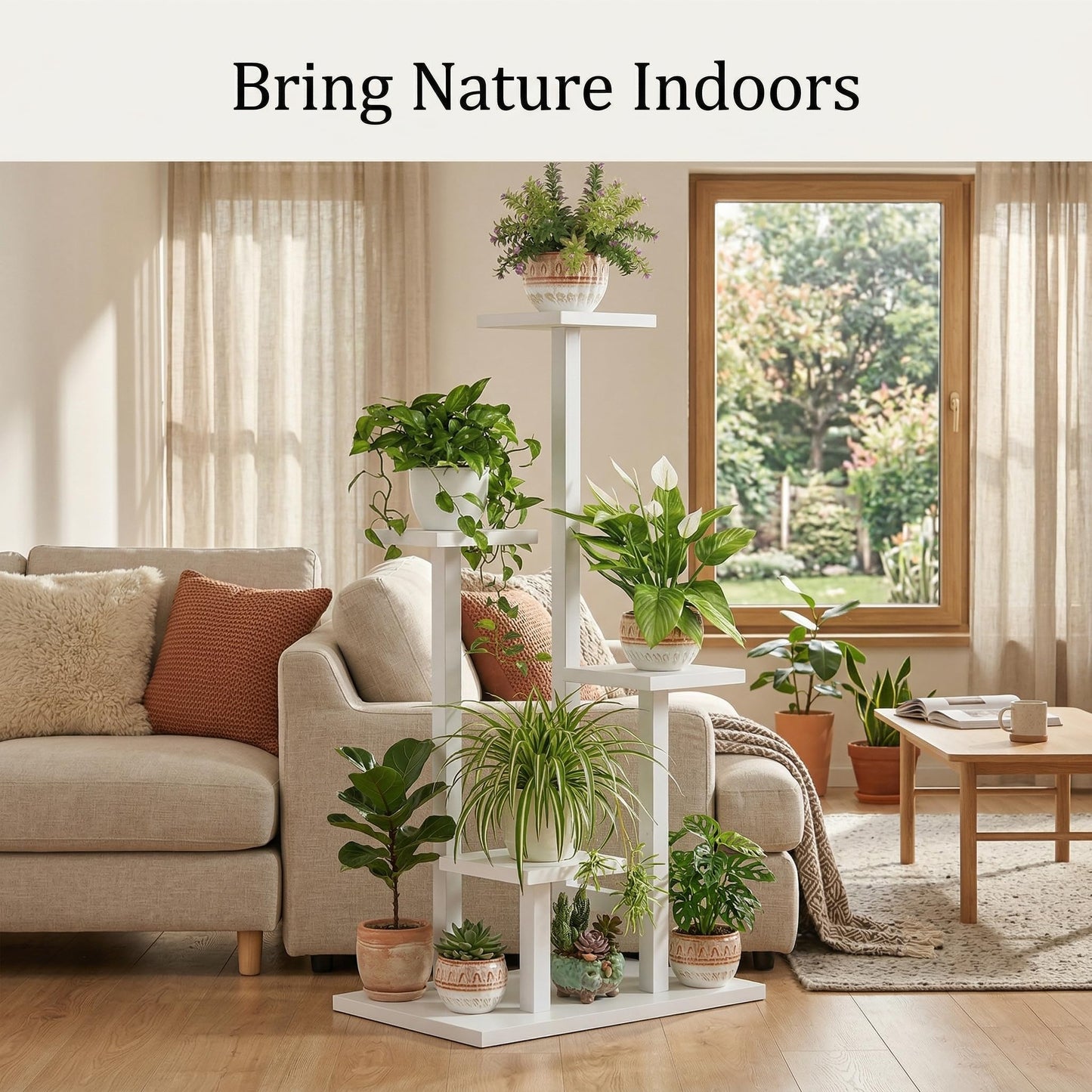 Kikbo 4-Tier Plant Stand Indoor, Tall Metal Plant Shelf for Multiple Plants, Corner Flower Pot Stand for Living Room, Balcony, Bedroom, Space Saving Plant Rack, White