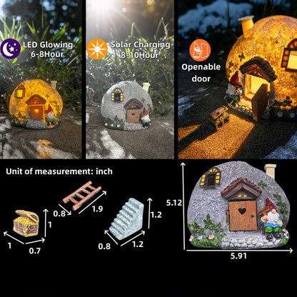 QCF Fairy Garden Accessories Gnome House 4 Pcs Kit, Solar Statues with Openable Door for Yard Lawn Patio, Resin Stone Houses, Treasure chest, staircase, ladder Figurines, Birthday Gifts Idea for Women