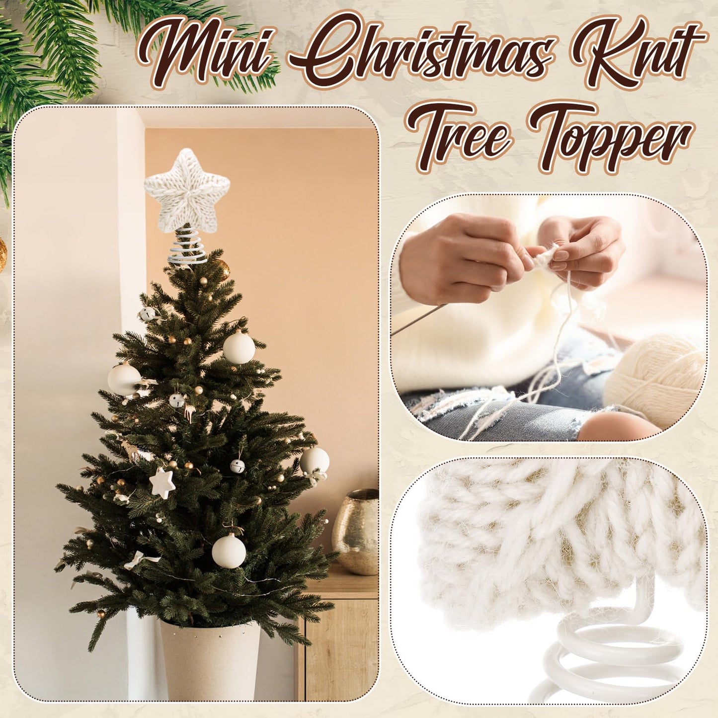 Gejoy Mini Christmas Knitted Star Tree Topper Rustic Natural Knitting Star 6 Inch Miniature Tree Topper for Christmas Home Decor Winter Holiday