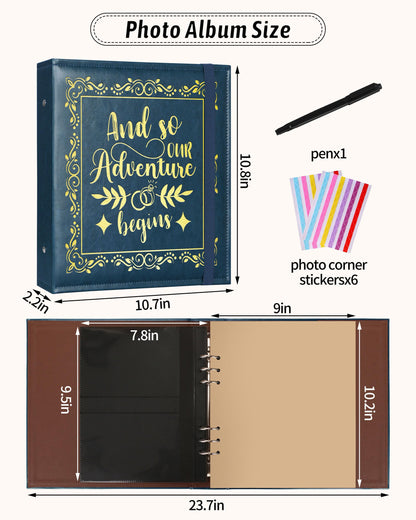 4x6 Wedding Photo Album Holds 100 Photos & 20 Acid-Free Writing Sheets, Leather Scrapbook And So Our Adventure Begins, Romantic Memory Book for Couples, Bride & Groom Wedding Gift (Blue)