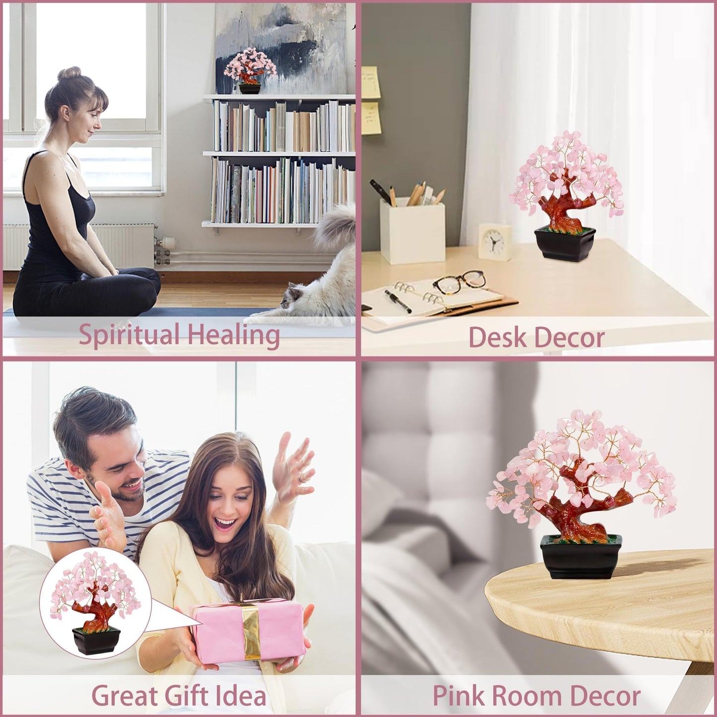 Parma77 Feng Shui Natural Rose Pink Quartz Crystal Money Tree, Healing Crystal Trees Bonsai Style Decoration for Wealth and Luck for Home Decor, Gifts for Women