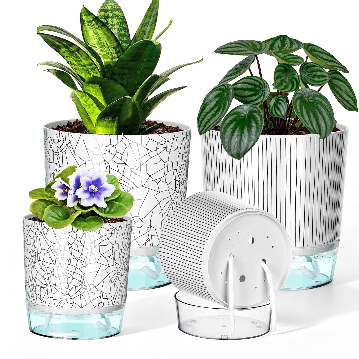 Samhe 4 Pack Self Watering Pots for Indoor Plants, 4/5.5 Inch Lightweight Planters with Water Reservoir, Flower Pots for African Violet, Spider Plant, Orchid