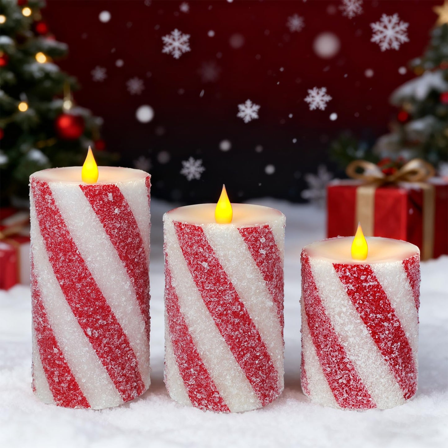 Christmas Pillar Flameless Candles Decor - Red and White Candy Cane Stripe LED Battery Operated Flickering Candles with Timer Remote Control Xmas Party Wedding Home Table Decoration