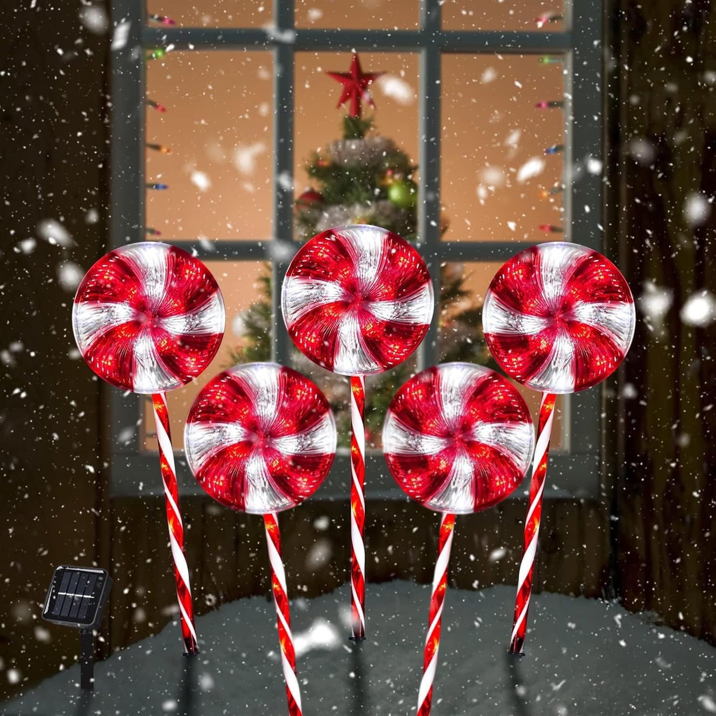 Outdoor Christmas Decorations Solar Pathway Lights, Set of 5 Lollipops Peppermint Stake Lights, 8 Modes Candy Cane Walkside Lights, Outdoor Xmas Decoration for Walkway,Yard (5PCS-Red)