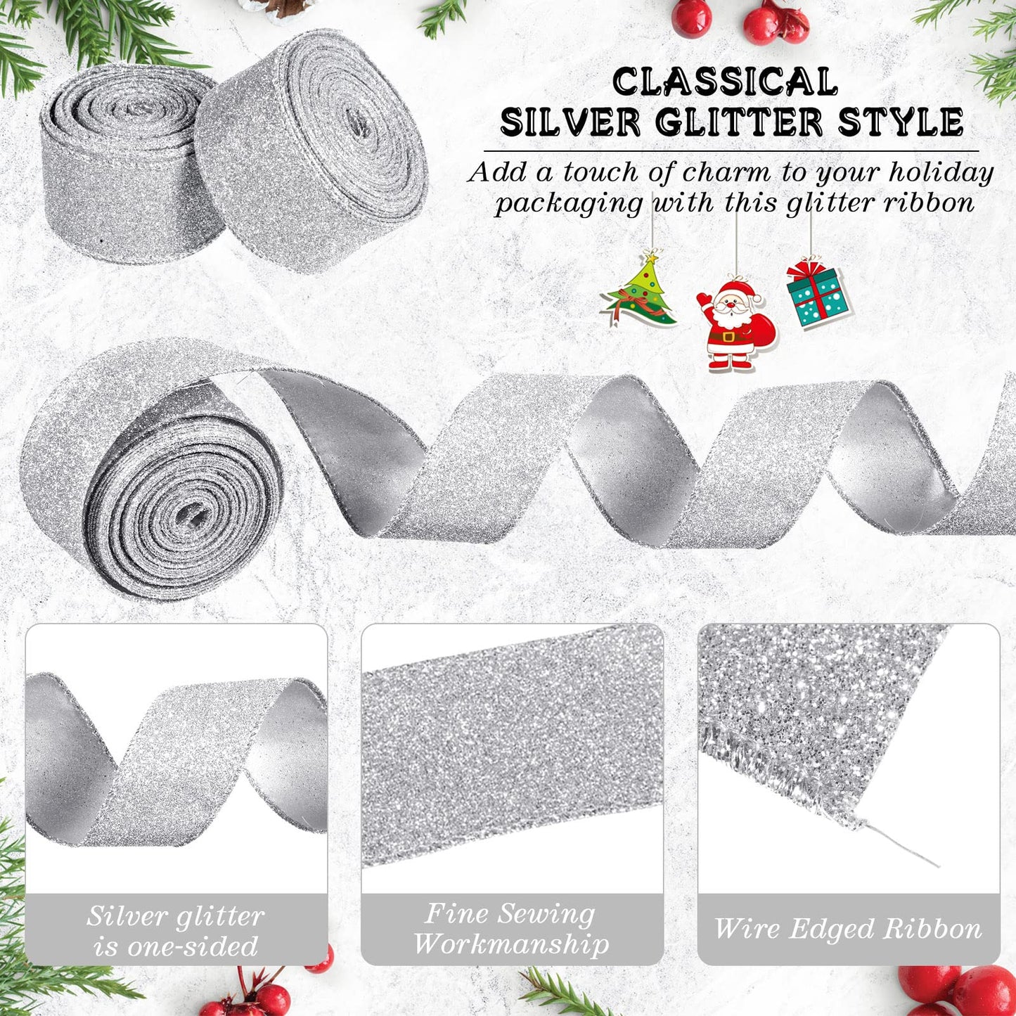Juinte Christmas Wired Ribbon - 2 Roll 20 Yards Glitter Tree Ribbon, Thick Metallic Gift Wrapping for Wreath, Garland, Party DIY Crafts Decorations (1.5 Inch, Silver)