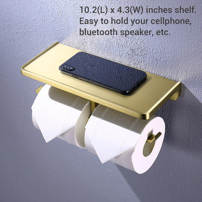 Dual Roll Toilet Paper Holder with Phone Shelf, Solid Metal Bathroom Accessory Tissue Dispenser Storage Wall Mounted, Spot Resist, Brushed Gold