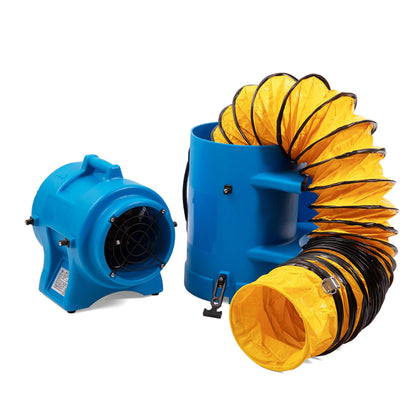 MOUNTO 8inch 1/3hp High Pressure Axial Blower Fan for Ventilation w/ 25ft Hoses and Canister