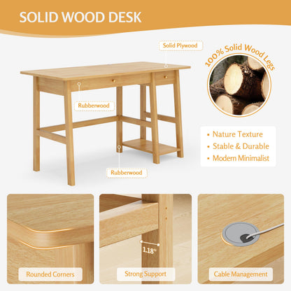 NELYE Solid Wood Desk with Drawer - 52 Inch Modern Writing and Computing Workstation for Home Office in Oak