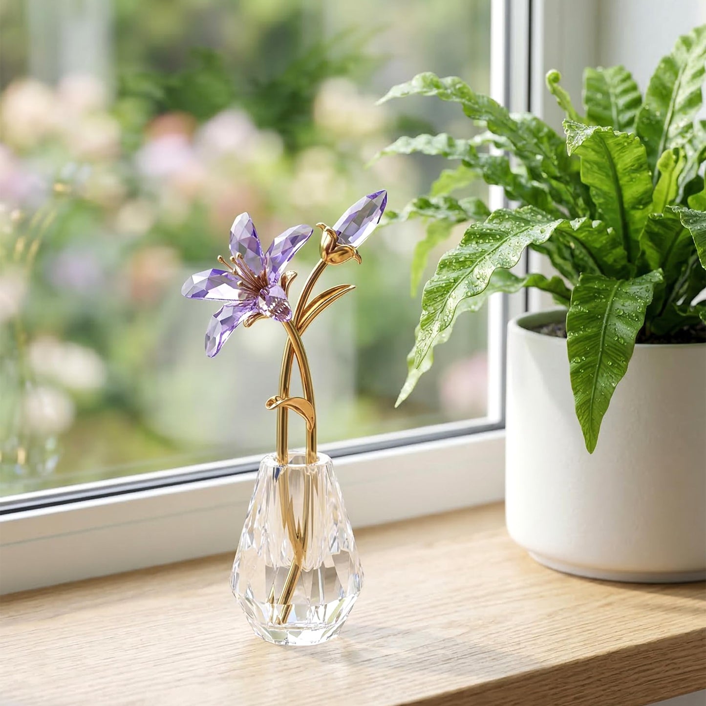 Crystal Tiger Lily Flowers with Crystal Vase, Purple