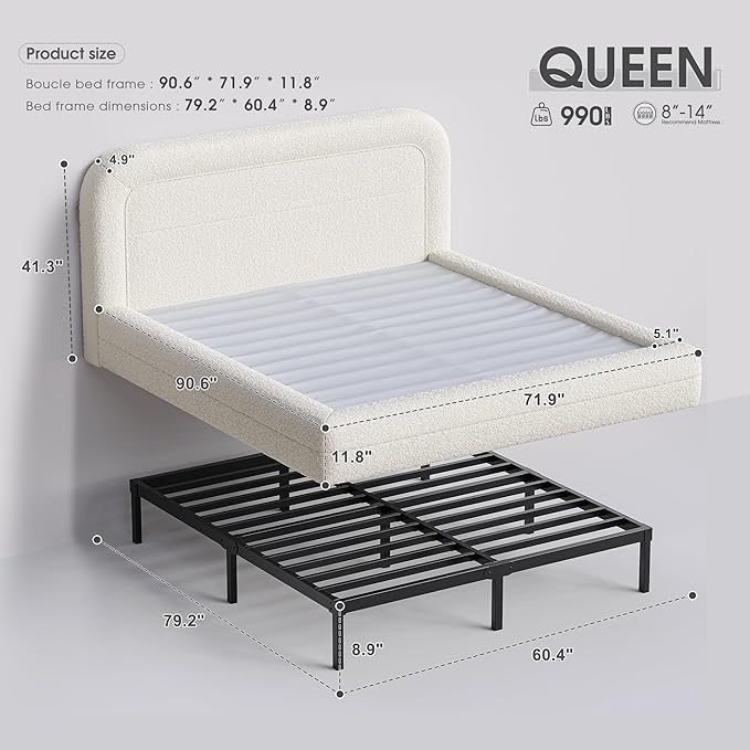 Homkdom Cloud Bed Frame with Headboard, Upholstered Soft Queen Bed Frame with