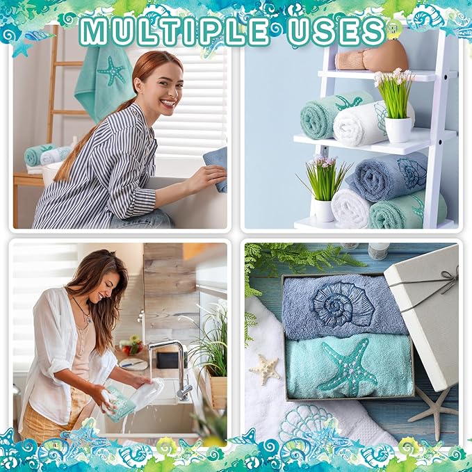 3 Pack Coastal Hand Towels for Bathroom 100% Cotton Embroidered Beach Bathroom